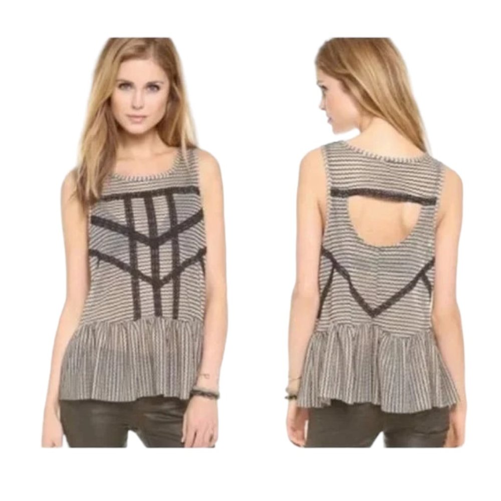 Free People Black and White Striped Sleeveless Peplum Top